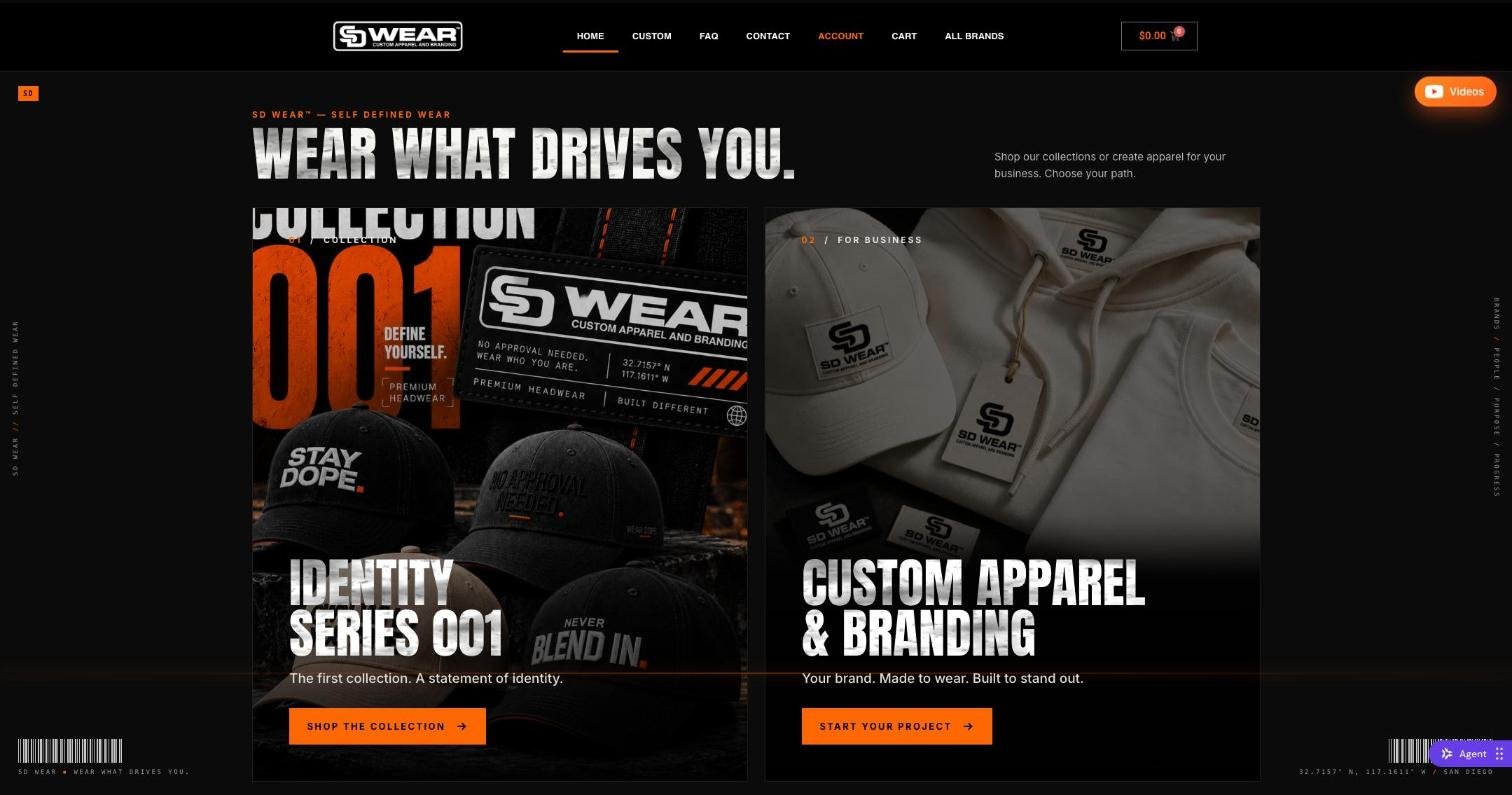 SD Wear custom apparel website homepage